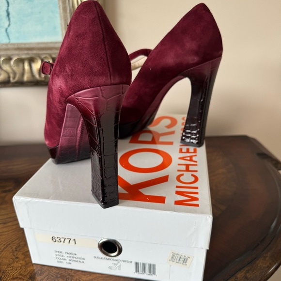 Michael Kors | Padova Platform Heels  Burgundy Suede Patent Size 10 New in Box!! - Picture 3 of 14